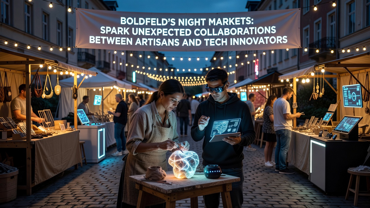 Close-up of a collaborative prototype combining handcrafted woodwork with embedded LED technology at a Boldfeld night market booth