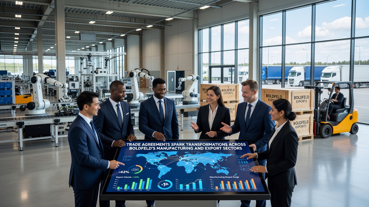 Workers overseeing automated export packaging processes in a Boldfeld factory with digital tracking displays